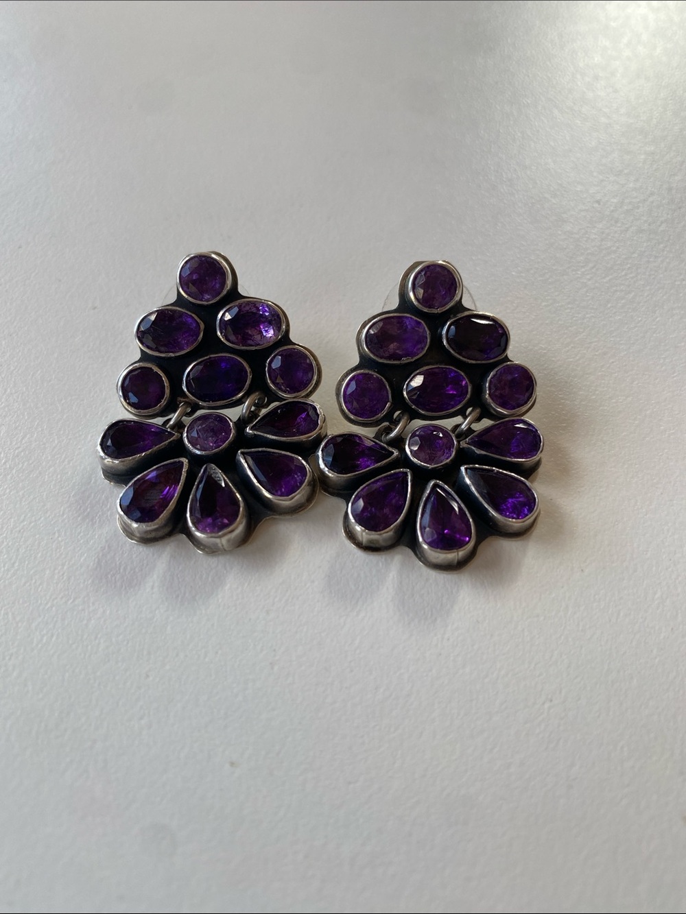 Sterling Silver Purple Gem Floral Drop Earrings